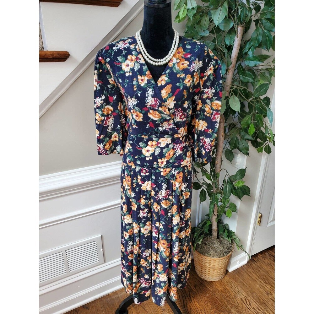 Vintage Mondo Blue Floral V-Neck Long Sleeve Casual Knee Length Dress Size 2X